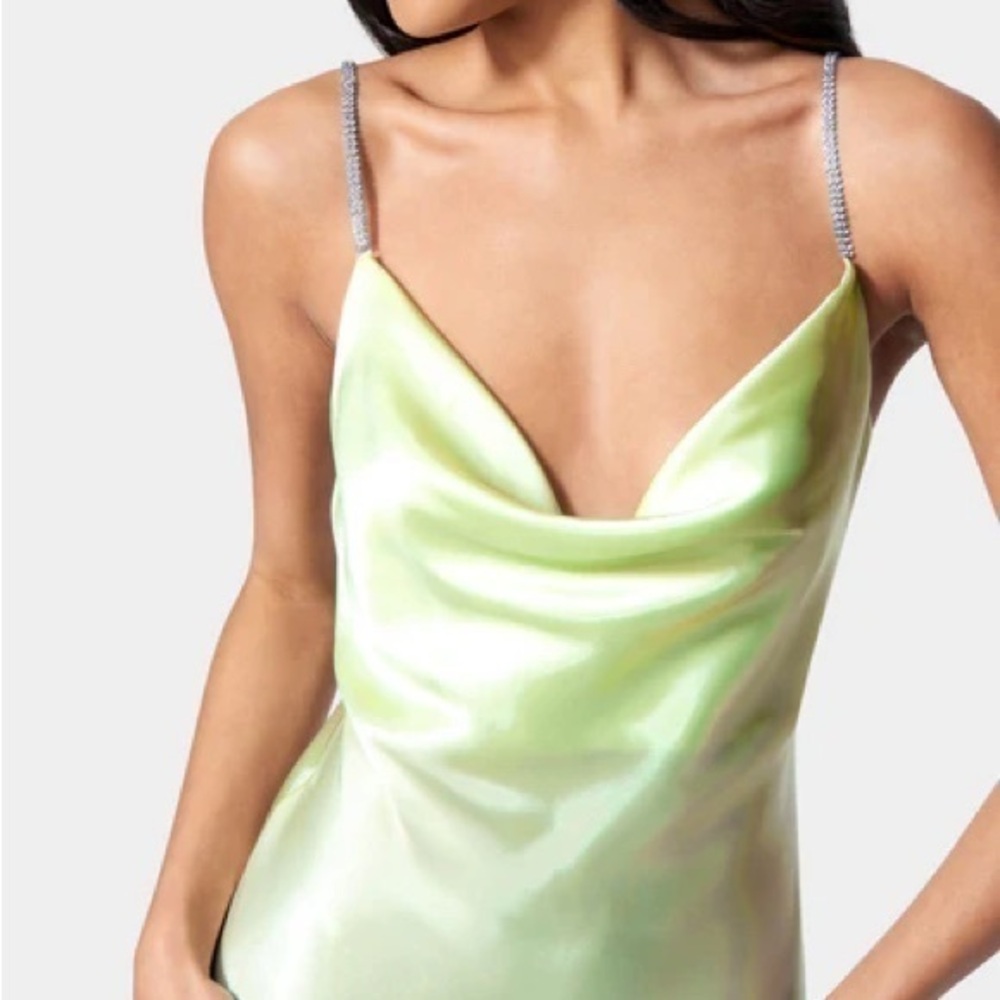 bebe Light Green Mini Dress with Metallic Straps